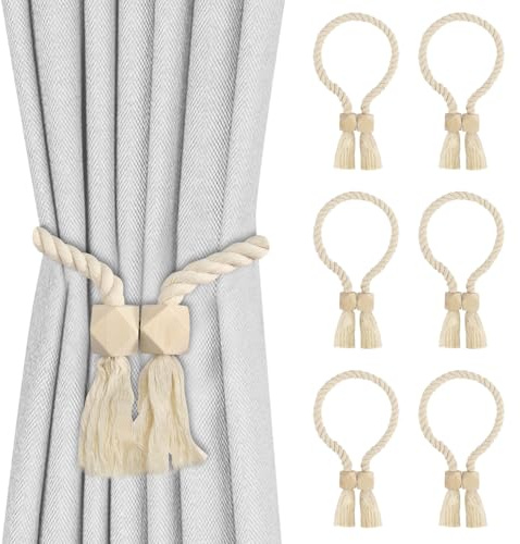 HFDONGL 6 stycken magnetiska gardinhållare, gardinomtag, gardinstång av trä, gardiner, klämmor, bomullsrep, hem, kontor, gardiner dekoration