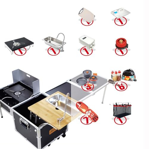 Meuble de cuisine de camping portable – Table de camping avec réchaud et évier pour 2 à 4 personnes, avec boîte de cuisson et batterie de cuisine avec roulettes
