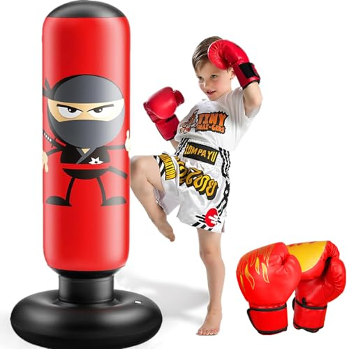Boxsack für Kinder mit Boxhandschuhen 165cm Ninja Aufblasbarer Boxsack Kinder von 3-12 Jahren Dickem Material Boxset für Aktives Spielen und Stressabbau Geschenk für Jungen und Mädchen (Rot)