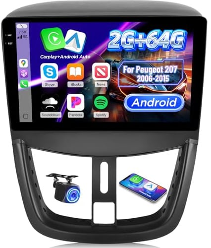 2G+64G Android Autoradio für Peugeot 207 2006-2015, 9 Zoll Touchscreen Stereo, Wireless Carplay & Android Auto/GPS/WiFi/Bluetooth/EQ/FM RDS Radio