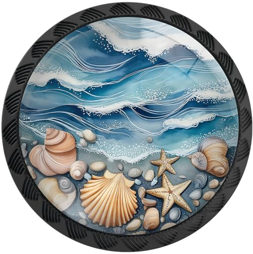 Artinhand 4 Pack Coastal Blue Wave Cabinet Knobs for Kitchen Bathroom | Vintage Navy Beach Seashells Drawer Pulls Round Black Dresser Handles Hardware for Desk Cupboard Wardrobe Closet Door Decor