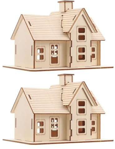 FUNNETOYU 2 Stück 3D Holzhaus Puzzle aus Unbehandeltem Holz Selbstgemacht Miniatur Villa Bausatz Rustikale Holzdeko für Zuhause Büro und Regal
