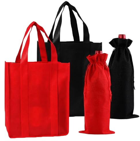 YANKOIUK 2PCS Wine Bottle Carrier for 6 Bottles, Wine Carrier Bag | with Sturdy Base &2 Wine Gift Bags, Bottle Bags for Wine, Champagne & Beer, for Party, Gift Giving & Travel (Black & Red)