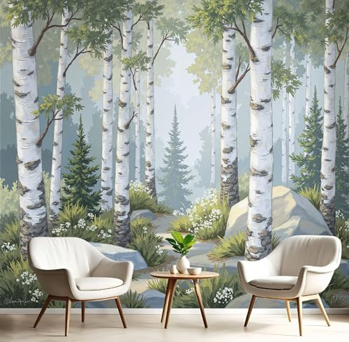 WunM Studio Fresque Murale Intissée Forêt d'automne forêt de bouleaux réaliste Vert émeraude Papier Peint Panoramique Décoration Salon Chambre Bureau 200x140cm Non Autocollant