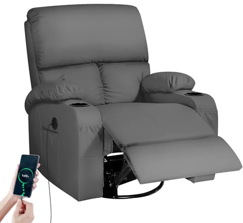 Sedia a dondolo con funzione relax, poltrona massaggiante con vibrazione e calore, porte USB e Type-C, girevole a 360°, per soggiorno, camera da letto, cameretta dei bambini, camper, Grigio