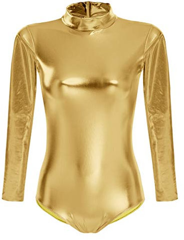 FYMNSI Damen Glänzende Ballettanzug Ballettbody Sport Tanz Body Gymnastikanzug Trikot Langarm Bodysuit Metallic Wetlook Einteiler Turnanzug Leotards Overall Lack Leder Oberteile Top Kostüm Gold M