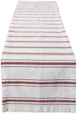 DII Zig Dobby Tabletop Collection, White Cotton Background with Embellished Stripe, Table Runner, 14x108, Barn Red