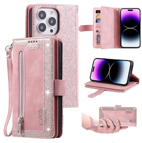 UEEBAI Wallet Case for iPhone 12 Pro Max 6.7 inch, Retro 9 Card Holder Slots Zipper Pocket Handbag Case PU Leather Magnetic Closure Kickstand with Wrist Strap TPU Shockproof folio Case - Rose Gold