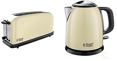 Russell Hobbs Toaster Langschlitz Colours+ creme, extra breite 1 Langschlitzkammer, inkl. Brötchenaufsatz, 1000W, & Mini-Wasserkocher Colours+ creme, 1,0l, 2400W, Schnellkochfunktion
