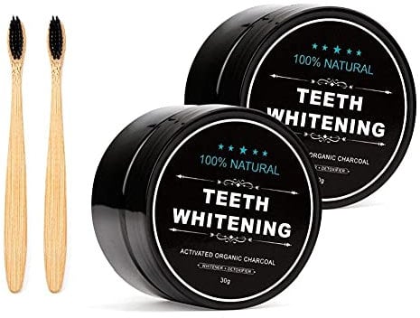 2-Pack WUBLSYAN poudre de blanchiment des dents au charbon actif blanchiment des dents à la noix de coco naturel avec brosse en bambou, Alternative de dentifrice naturel, Teeth Whitening Powder (30G)