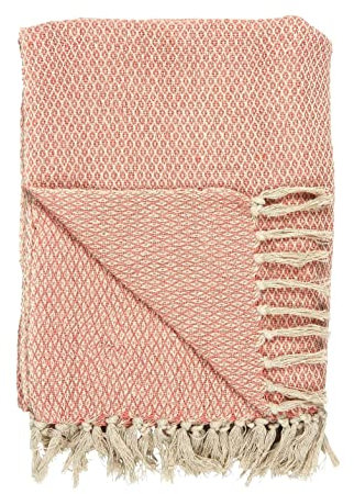 ukiyo Wohndecke 100% Baumwolle Rautenmuster 130 x 160 cm m. Fransen Koralle/Sand Plaid Tagesdecke