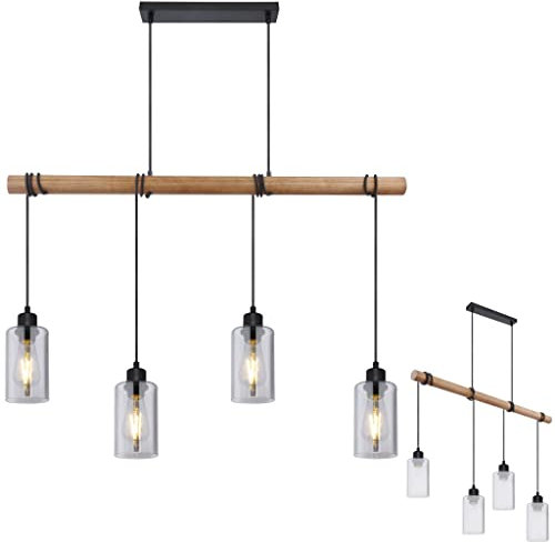 INNOVATE Pendelleuchte Holz & Glas 4 flammig – Klare Glaszylinder Hängelampe Vintage - 98cm breite Pendellampe schwarz mit E27 Fassung bis 60 Watt - Retro Hängeleuchte Esstisch 130cm