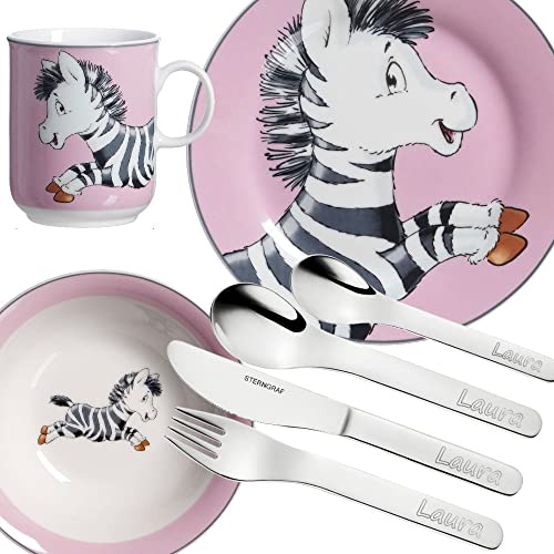 Sterngraf Kinderset Zebra 7tlg. MIT Gravur (z.B. Namen) personalisiertes Kinderbesteck + Kindergeschirr