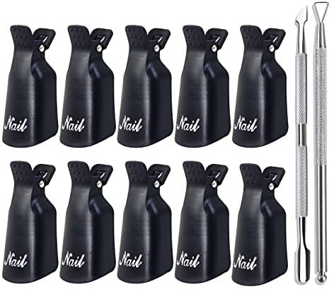 Qufiiry Nail Clips, Nagel Clips, 10 Stück Nagelklammern, Nagellackentferner Clips Set, Nails Art Gel Cap Einweichen Clip, Nagel-Clips Gel Polish Entferner Wrap Tool (Schwarz)mit Pushers Trimmer 2 PCS