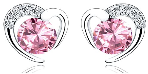 Silver Stud Earrings for Women, Stud Earrings Pink Cubic Zirconia Heart Studs│Dainty Earrings Jewellery Gifts for Girls