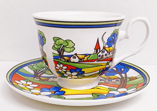 Village Art Deco Tea Cup & Saucer Fine Bone China Exclusive Countryside Scene Hand Decorated in UK