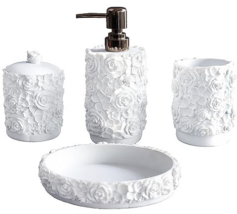 Hymmah Badezimmer-Zubehör-Set, Rosen-Design, Badezimmer-Set, Bauernhaus-Badezimmer-Dekoration, 4-teiliges Kunstharz-Geschenk-Set, Wohnungsbedarf, enthält Wattestäbchen-Glas, Seifenspender,