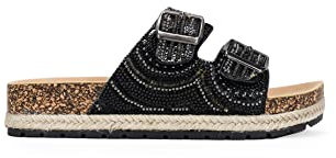 BOSANOVA Sandalias con Piedras Brillantes, Detalle Dos Hebillas y Suela Bio de Corcho con Esparto. Sin Cierre. Calzado para Mujer Negro 37