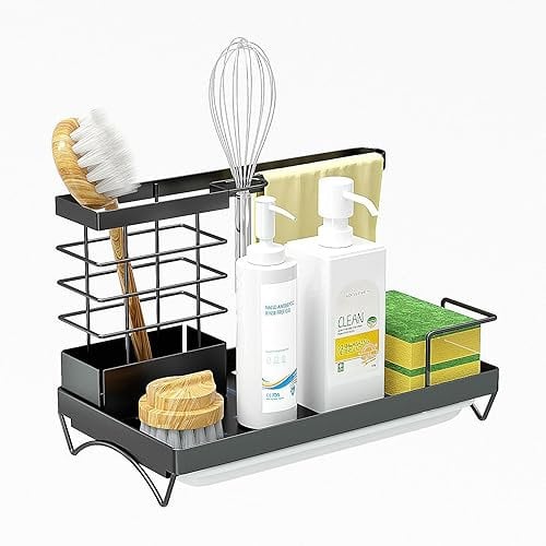 NEXILONEKA Sink Organiser with Dish Cloth Hanger, Multi-Purpose Kitchen Caddy with Removable Drip Tray