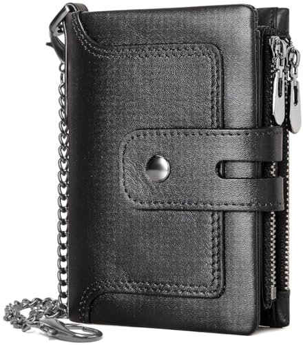 REETEE Leder Geldbörse Herren mit RFID Schutz Slim Portmonee Herren mit Kette Echtleder Klein Geldbeutel Männer 15 Kartenfächern und Reißverschluss Münzfach Portemonnaie Damen Brieftasche (schwarz)