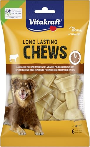 Vitakraft Chews, Hundesnack, 10cm lang, langanhaltender Kauknochen, zur intensiven Beschäftigung, aus getrockneter und gepresster Rinderhaut, für mittelgroße Hunde (1x 6 Stück)