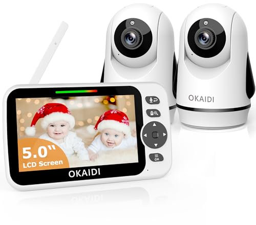 OKAIDI Monitor de video para bebé con 2 cámaras, pantalla de 5 pulgadas, monitor de bebé sin WiFi, batería de 30 horas y rango de 1000 pies, cámara de bebé con zoom panorámico y inclinación