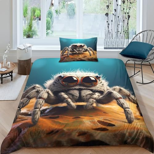AAHARYA Süße Spinne Bettwäsche Bettbezug Set Und Kissenbezug,bettwäsche Für Jungen Und Mädchen 3D Springende Spinne Digital Print Dreiteiliger Bettwäsche,Single（135x200cm）