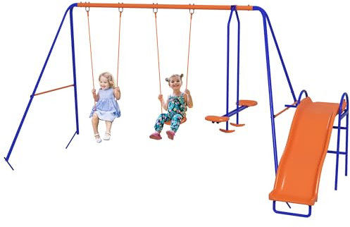 Outsunny Columpio Infantil 4 en 1 Columpio para Niños con 2 Columpios Individuales 1 Columpio del Planeador 1 Tobogán Cuerda Ajustable y Anti-UV para Exterior Multicolor