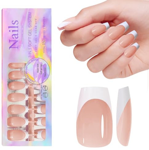 French Gel Nail Tips, 150pcs Medium Coffin Press on Soft Gel Fake Nails, 3 in 1 X-coat Pre-Applied Tip Primer & Base Coat, 15 Sizes for DIY Nail Extension, No Filing Required (HJ-NT087-No.7)