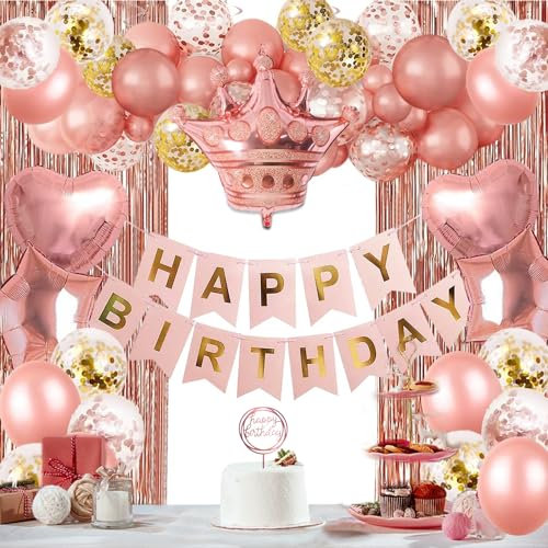 Decoration Anniversaire Fille Femme, Deco Rose Gold, Ballons avec Banderole Joyeux Anniversaire, Rideaux à franges, Couronne de Ballons