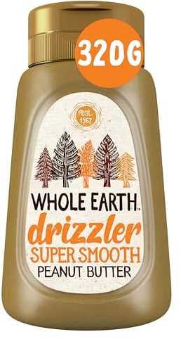 Whole Earth Drizzler Original Roasted Peanut Butter, Super Smooth Squeezy Runny Nutty Spread Made with 100% Peanuts, All Natural Ingredients, No Added Sugar, Gluten Free, Vegan Friendly – 320g