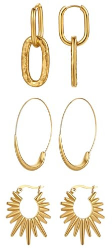 JewelryWe Ohrringe Damen Gold Creolen: 3 Paar Edelstahl Sonne Büroklammer Ovale Huggie Creolen mit Anhänger Geometrische Hängende Ohrringe Geschenk für Frauen Mädchen