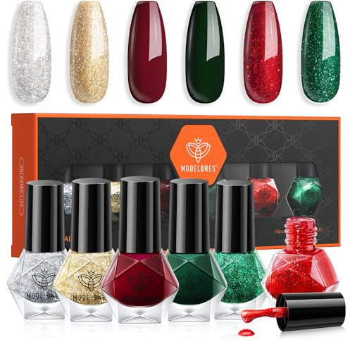 MODELONES Nagellack 6 PCS, Schnelltrocknend Weihnachten Rot Grün Dunkelrot Glitzer, Ungiftig Auf Wasserbasis, Langanhaltend für DIY Salon Geschenk für Maniküre