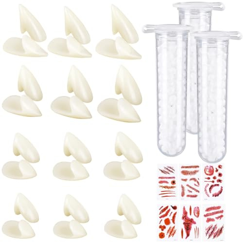 12 Paar Halloween Vampirzähne, Vampir Fangs Kit Zähne Kostüm Gefälschte Zähne mit 2 Pellets Kleber für Halloween Cosplay Party Requisiten