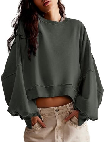 Zwurew Womens Casual Sweatshirt Long Sleeve Tops Crewneck Loose Fit Tee Pullover Crop Tshirt, Grey, XL