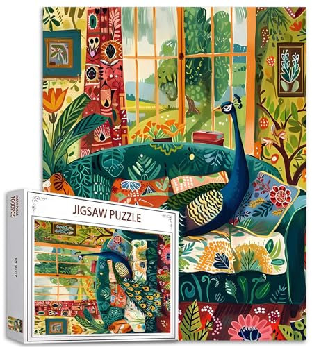 Tucocoo Green Peacock on Sofa Jigsaw Puzzles for Adults 1000 Pieces, Funny Animals Vintage Art Jigsaw Puzzle Colorful DIY Puzzles for Home Decoration, Family Puzzle Perfect for Game Nights 27x20 Inch