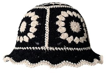 Strohhut Herren Gehäkelte Eimermütze für Frauen, Strickmütze, handgefertigt, faltbar, Floppy-Strandhut, modisch, niedlich, gestreift, floral, Fischerhut Baseball Cap Ring (Black, M)
