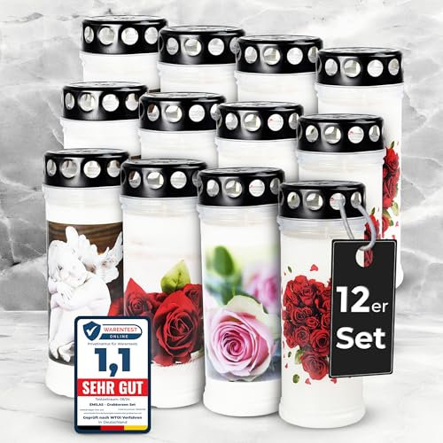 Lot de 12 bougies funéraires EMILAS - 7 jours de combustion - Bougies de condoléances pour une décoration funéraire élégante - Décoration funéraire avec 4 motifs - Lanternes funéraires avec couvercle