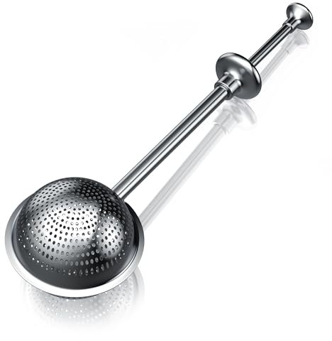 Arendo - Teezange TEA INFUSOR - Teeei für losen Tee - aus Edelstahl - Teefilter Teesieb Tee Kugel – langer Griff – Teleskopgriff - Daumenauflage - losen Tee, Gewürze, Kräuter