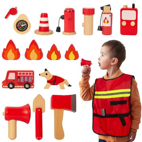 WOODENFUN Feuerwehr Spiel Set für Kinder aus Holz Feuerwehr Rollenspiel 16-teiliges Set für 3, 4, 5 Jahre alt
