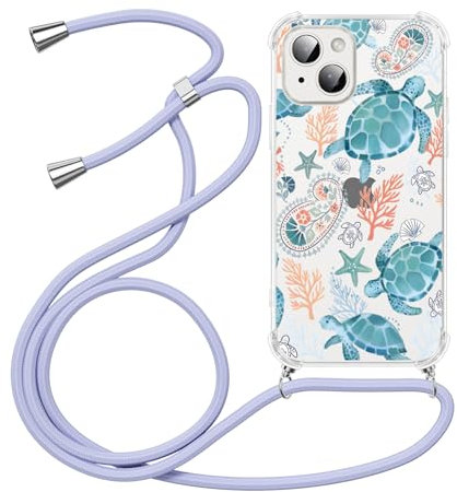 Yirlbey Coque pour iPhone 14 / iPhone 13 6,1 Pouces avec Cordon, Motif de Tortues de Mer Aesthetic Etui Laniere Collier Corde Réglable Transparente Case, Portable Housse Antichoc PC Dur Fine Femme