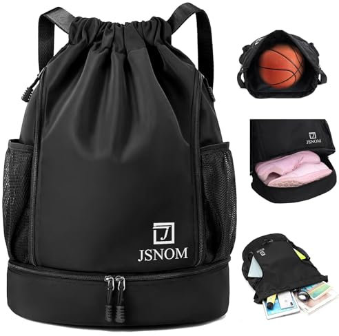 JSNOM Turnbeutel Sportbeutel Herren Damen: Rucksack Beutel Kordelzug Wasserdicht Großer mit Aussentasche Reißverschluß Innentasche für Teenager Jungen Mädchen Männer Frauen (Schwarz) (Schwarz)