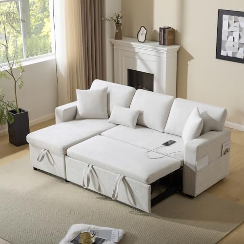 Generisch Ecksofa Bett Schlafcouch L-Form mit ausziehbarer Liegefläche, integriertem USB-Anschluss, Stauraum & 150 kg Tragkraft – Beige Samtstoff für modernes Wohnen & platzsparende Mehrfachnutzung