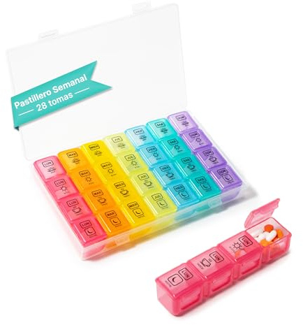 MAMAPAS Pastillero Semanal 28 tomas en Español - Pastillero Diario Grande para 7 Días, organizador de medicamentos con gran capacidad Ideal para Viajes y Uso en Casa