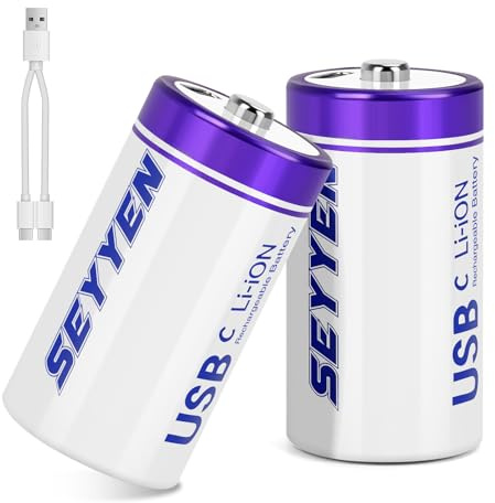 seyyen Rechargeable Lithium C Batteries 2 Pack, 1.5V C Cell Batteries with 2 in 1 USB-C Charging Cable, 5000mWh High Capacity Size C Li-ion Battery for Floodlight Toys, Recharge up to 1200+ Cycles