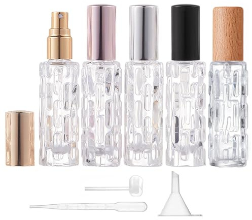 Aieino 5PCS 10ml Travel Perfume Atomiser Refillable Glass Spray Leakproof | Funnel and Dispenser, Durable, Portable, Mini Aftershave Sprayer, for Women, Pocket Handbag(Lines, Multicolour)
