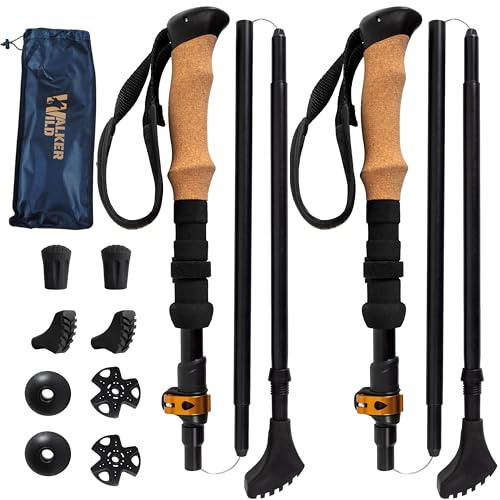 Bâtons de Marche Pliables Randonnée Aluminium 7075 Lot de 2, Bâton Trail | Réglables 115-135 cm, Ultra Légers 295 g, Pliés 35 cm, Poignées Liège EVA, Pointes Carbure, Embouts, Housse, Marche Nordique