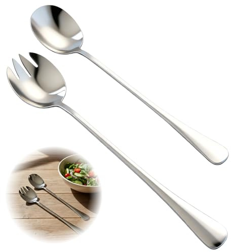 JinRuiCPeng 2 Stück 28 cm Salatbesteckset Edelstahl, 2-teilig mit Servierlöffel und Salatgabel, großes Salatbesteck mit Langen Griffen, Küchenhelfer für Familie, Buffet, Restaurant und Catering