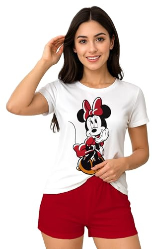 Disney Minnie Mouse Schlafanzug für Damen - Pyjama Set Kurzarm Oberteil mit Shorts Weiß/Rot
