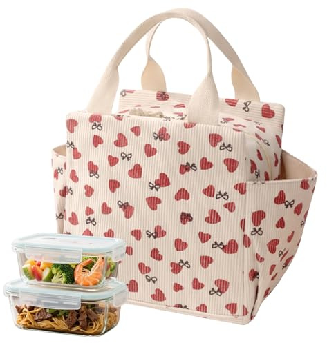 FOSDICK Borsa Termica Porta Pranzo Donna Bambini 12L Grande Capacità Borsa Porta Pranzo Stampa a Cuori Borsa Frigo Beige Lunch Bag Design Multi-Tasca, Portatile per Ufficio Scuola Viaggio Picnic